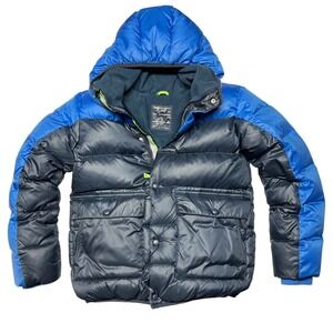 Crewcuts Kids Down Puffer Jacket Fleece Lined Size 12 Navy Blue Hooded EUC